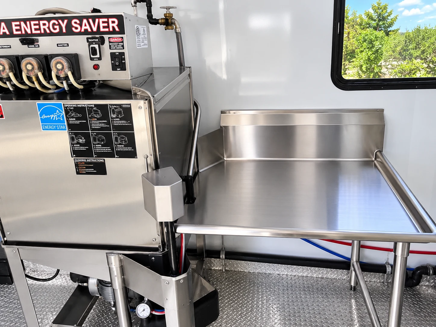 Commercial dishwashing machine with adjacent stainless landing table
