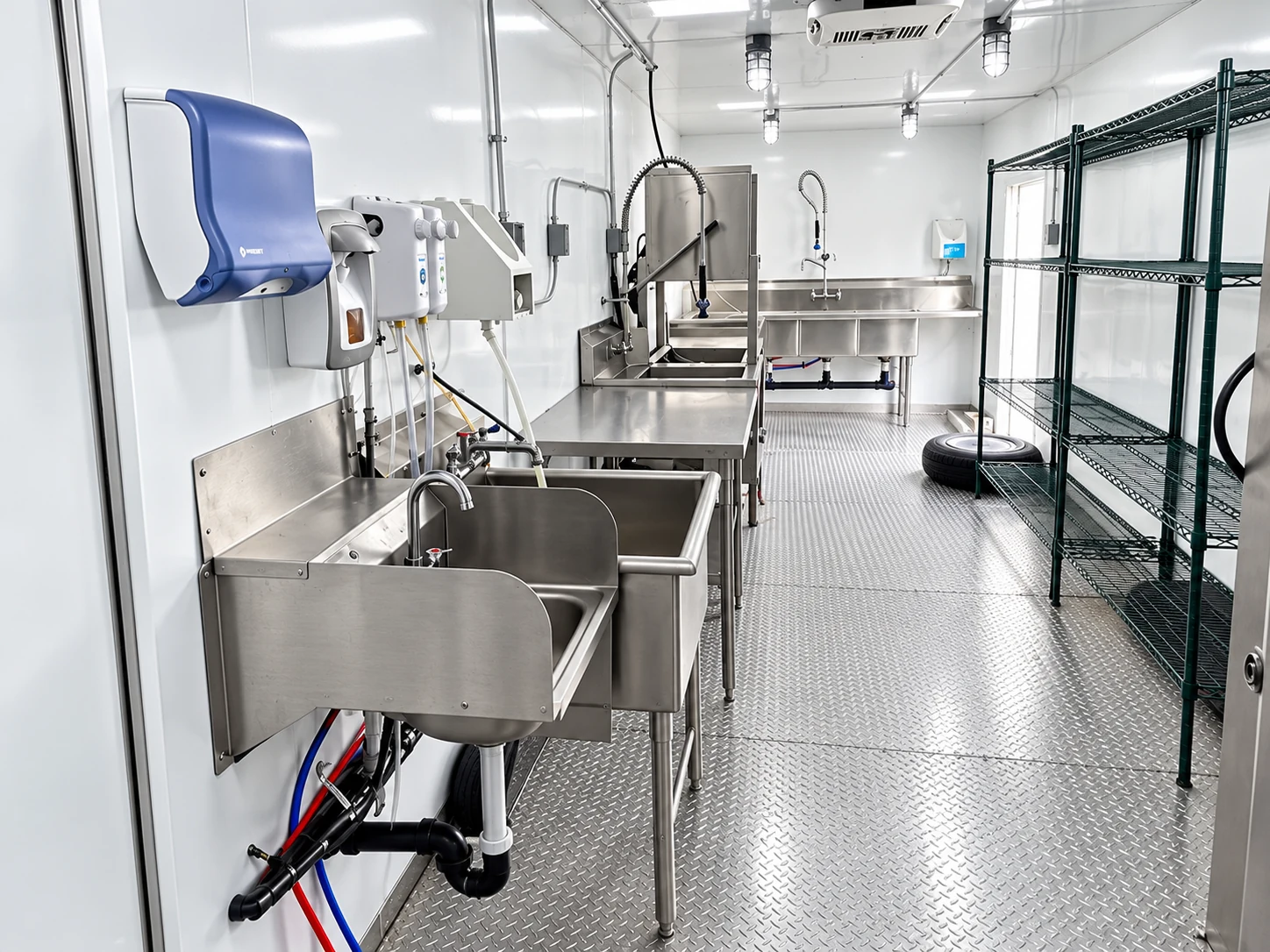 Handwashing and pre-rinse stations inside a low-temperature dishwashing trailer
