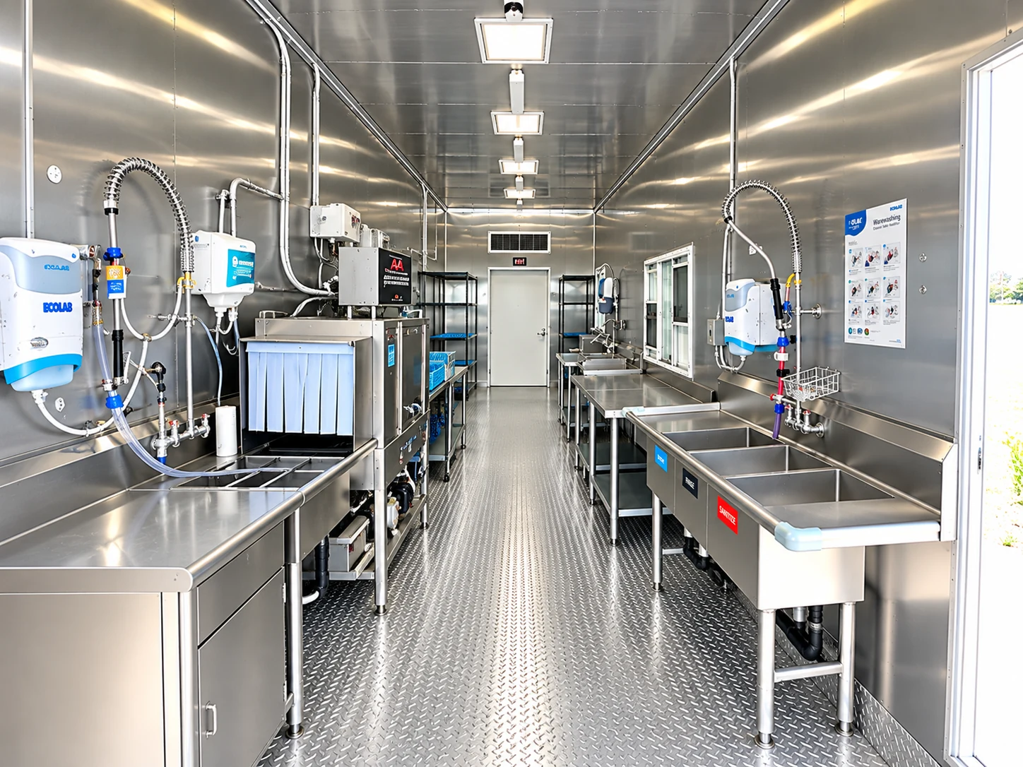 Full wash-line aisle with three-compartment sink and commercial equipment