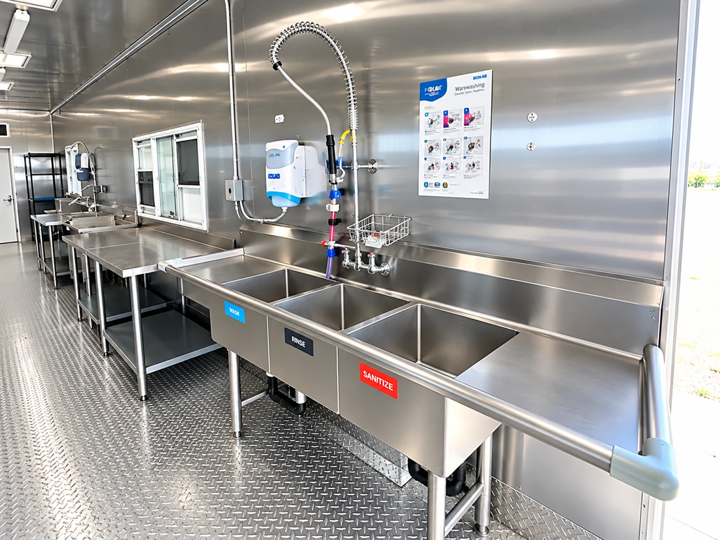 Wide interior view of a 38 ft high-temperature conveyor dishwashing trailer